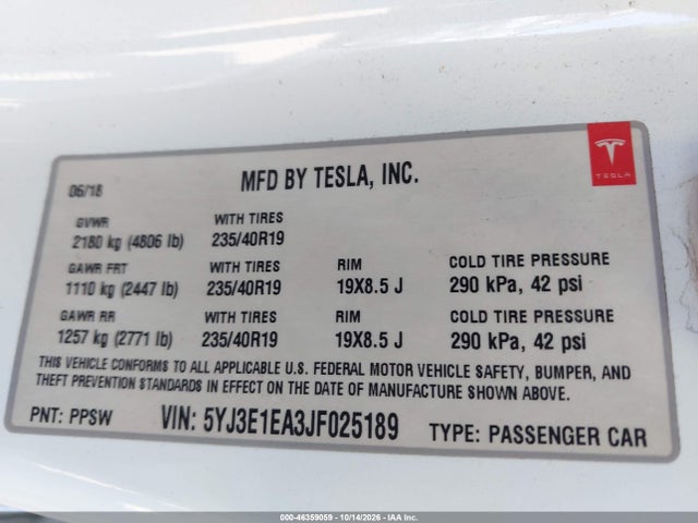 Продаж на аукціоні авто 2018 Tesla Model 3 Long Range/mid Range, vin: 5YJ3E1EA3JF025189, номер лоту: 46359059