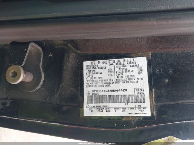 1992 Ford F350 მანქანა იყიდება აუქციონზე, vin: 1FTHF36G8NNA64420, აუქციონის ნომერი: 46359083