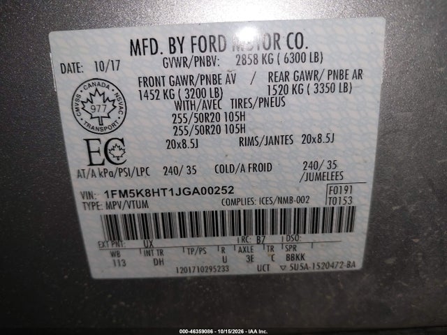 Продаж на аукціоні авто 2018 Ford Explorer Platinum, vin: 1FM5K8HT1JGA00252, номер лоту: 46359086