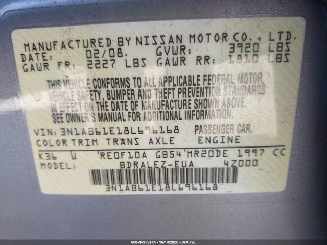 Aukcja sprzedaży 2008 Nissan Sentra 2.0s, vin: 3N1AB61E18L696168, numer aukcji: 46359144