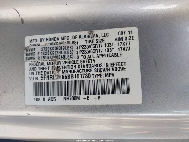 Aukcja sprzedaży 2011 Honda Odyssey Ex-l, vin: 5FNRL5H66BB101780, numer aukcji: 46359171