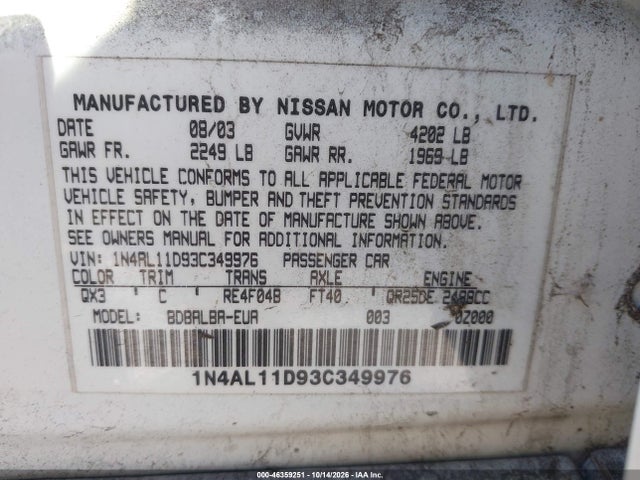 46359251 :رقم المزاد ، 1N4AL11D93C349976 vin ، 2003 Nissan Altima 2.5 S مزاد بيع
