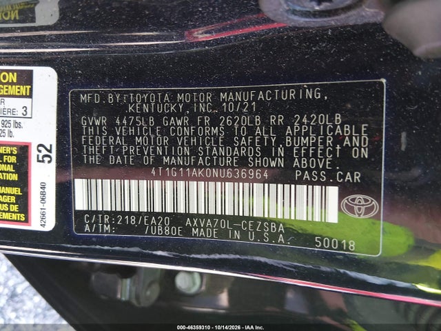 Продаж на аукціоні авто 2022 Toyota Camry Se, vin: 4T1G11AK0NU636964, номер лоту: 46359310