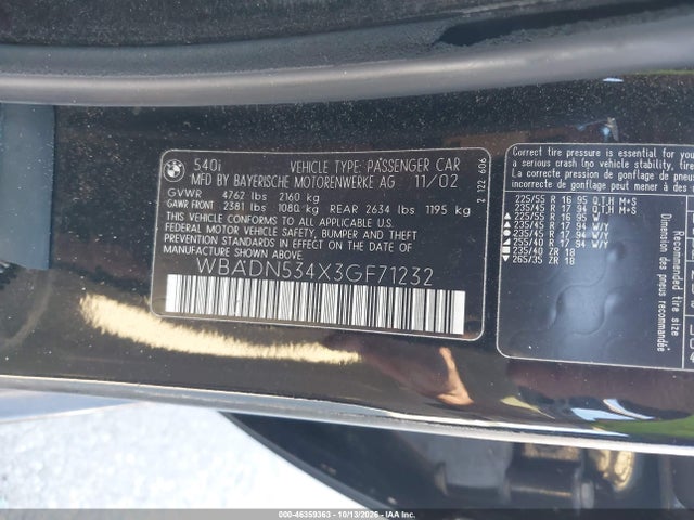 46359363 :رقم المزاد ، WBADN534X3GF71232 vin ، 2003 Bmw 540i مزاد بيع