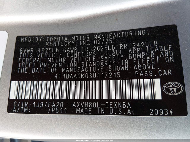 46359401 :رقم المزاد ، 4T1DAACK0SU117215 vin ، 2025 Toyota Camry Le مزاد بيع