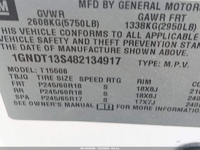 Aukcja sprzedaży 2008 Chevrolet Trailblazer Lt, vin: 1GNDT13S482134917, numer aukcji: 46359468