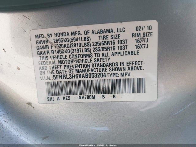 Продаж на аукціоні авто 2010 Honda Odyssey Ex-l, vin: 5FNRL3H6XAB053204, номер лоту: 46359486