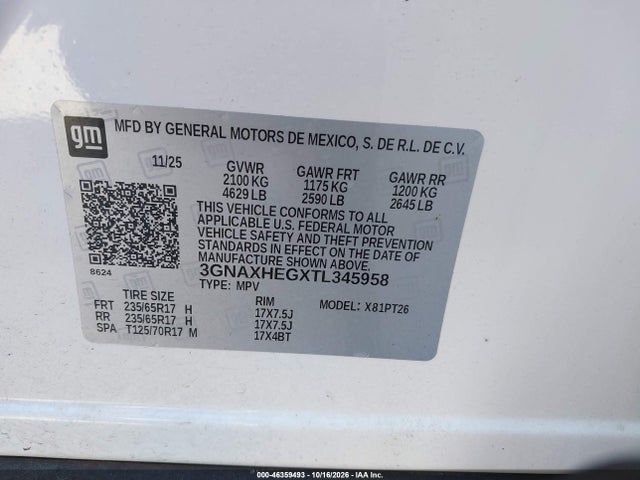 46359493 :رقم المزاد ، 3GNAXHEGXTL345958 vin ، 2026 Chevrolet Equinox Fwd Lt مزاد بيع