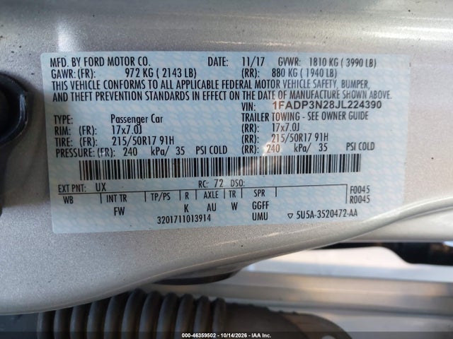 2018 Ford Focus Titanium მანქანა იყიდება აუქციონზე, vin: 1FADP3N28JL224390, აუქციონის ნომერი: 46359502