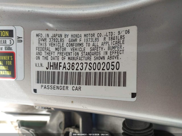 Aukcja sprzedaży 2007 Honda Civic Hybrid, vin: JHMFA36237S002050, numer aukcji: 46359531
