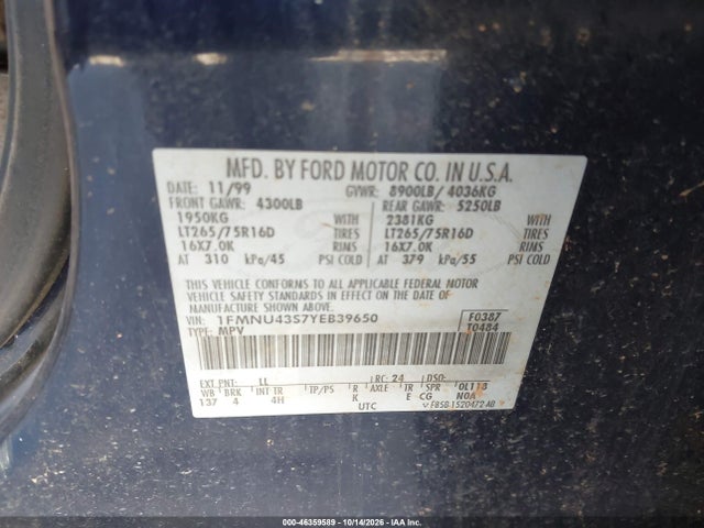 Продаж на аукціоні авто 2000 Ford Excursion Limited, vin: 1FMNU43S7YEB39650, номер лоту: 46359589