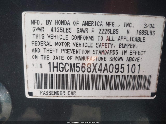 2004 Honda Accord 2.4 Ex მანქანა იყიდება აუქციონზე, vin: 1HGCM568X4A095101, აუქციონის ნომერი: 46359593