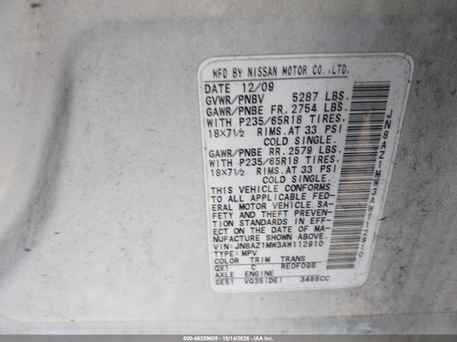 Продажа на аукционе авто 2010 Nissan Murano Sl, vin: JN8AZ1MW3AW112910, номер лота: 46359609
