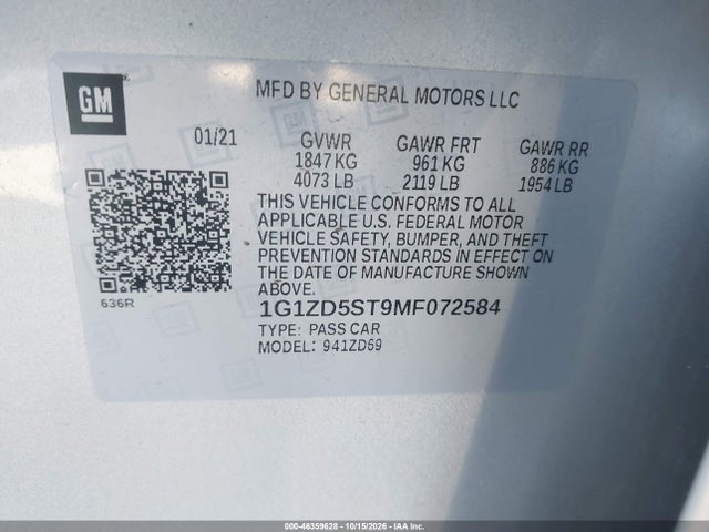 46359628 :رقم المزاد ، 1G1ZD5ST9MF072584 vin ، 2021 Chevrolet Malibu Fwd Lt مزاد بيع