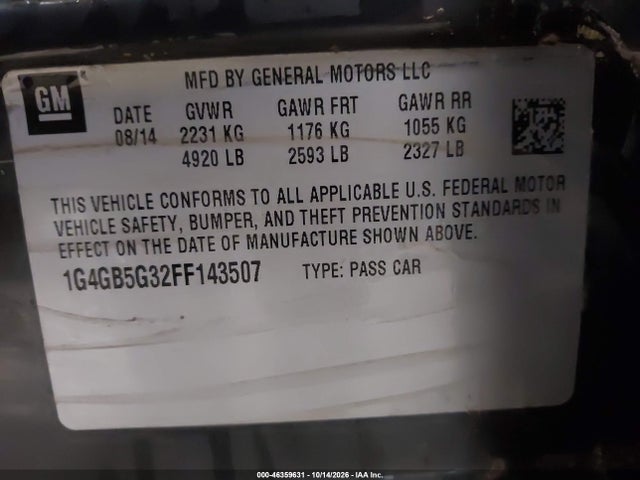 Aukcja sprzedaży 2015 Buick Lacrosse Leather, vin: 1G4GB5G32FF143507, numer aukcji: 46359631