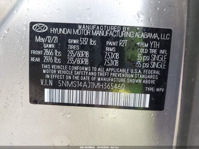 46359642 :رقم المزاد ، 5NMS14AJ1MH365460 vin ، 2021 Hyundai Santa Fe Se مزاد بيع