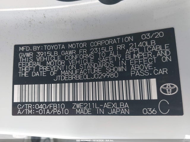 Aukcja sprzedaży 2020 Toyota Corolla Hybrid Le, vin: JTDEBRBE0LJ029980, numer aukcji: 46359648