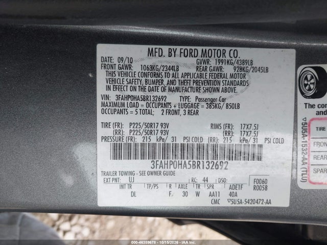 2011 Ford Fusion Se მანქანა იყიდება აუქციონზე, vin: 3FAHP0HA5BR132692, აუქციონის ნომერი: 46359678
