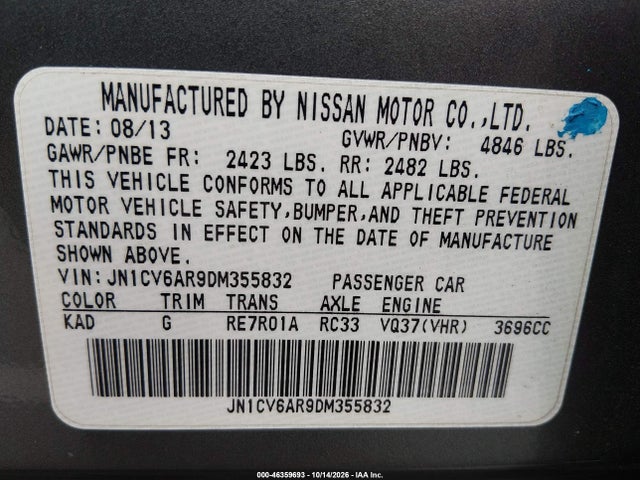 2013 Infiniti G37x მანქანა იყიდება აუქციონზე, vin: JN1CV6AR9DM355832, აუქციონის ნომერი: 46359693