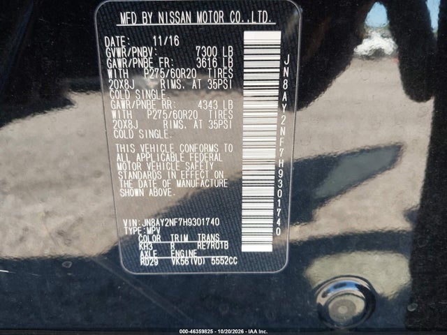 Продаж на аукціоні авто 2017 Nissan Armada Platinum, vin: JN8AY2NF7H9301740, номер лоту: 46359825
