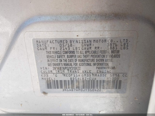 2018 Nissan Sentra S მანქანა იყიდება აუქციონზე, vin: 3N1AB7AP0JY310422, აუქციონის ნომერი: 46359832