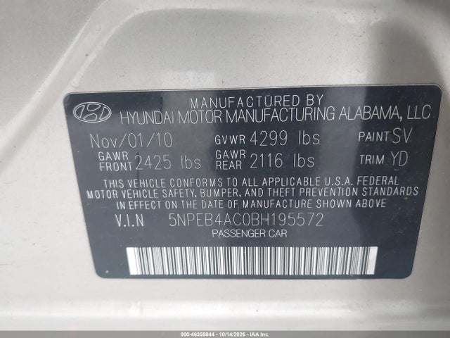 Продажа на аукционе авто 2011 Hyundai Sonata Gls, vin: 5NPEB4AC0BH195572, номер лота: 46359844