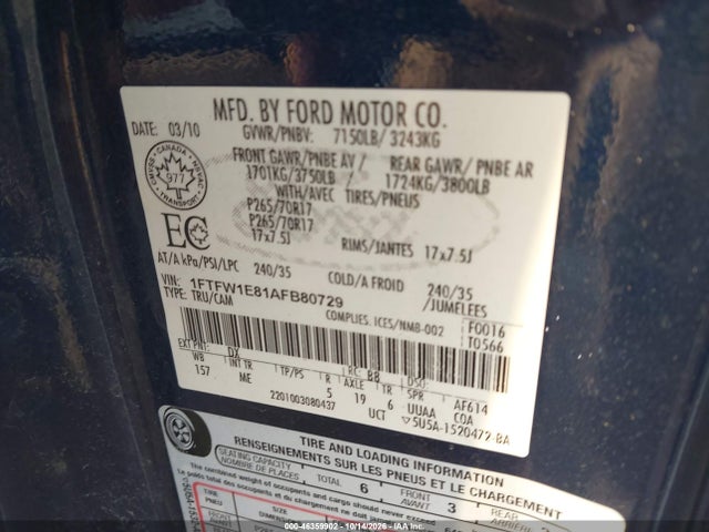 2010 Ford F-150 Xlt მანქანა იყიდება აუქციონზე, vin: 1FTFW1E81AFB80729, აუქციონის ნომერი: 46359902