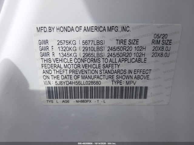 46359906 :رقم المزاد ، 5J8YD4H56LL028680 vin ، 2020 Acura Mdx Technology Package مزاد بيع