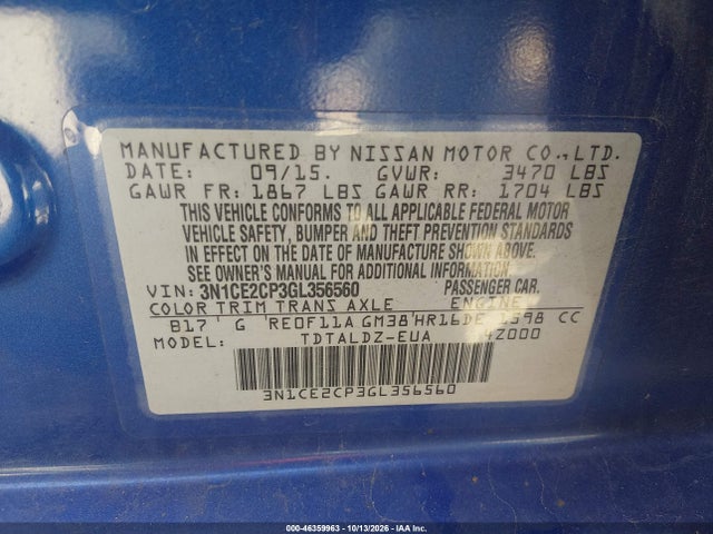 46359963 :رقم المزاد ، 3N1CE2CP3GL356560 vin ، 2016 Nissan Versa Note S (sr)/s Plus/sl/sr/sv مزاد بيع