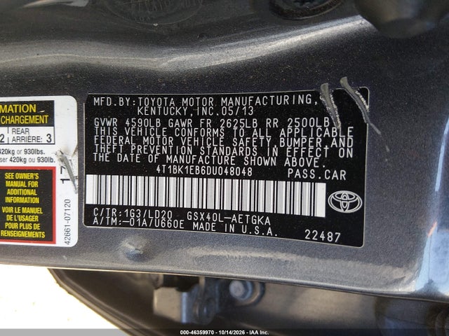 46359970 :رقم المزاد ، 4T1BK1EB6DU048048 vin ، 2013 Toyota Avalon Xle مزاد بيع