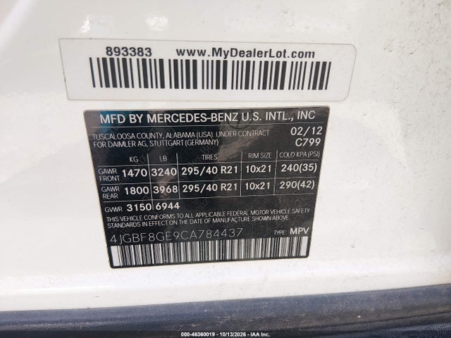 Продажа на аукционе авто 2012 Mercedes-benz Gl 550 4matic, vin: 4JGBF8GE9CA784437, номер лота: 46360019