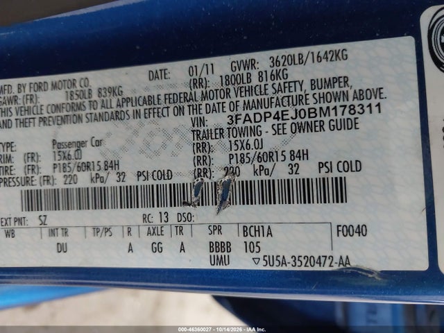 Продажа на аукционе авто 2011 Ford Fiesta Se, vin: 3FADP4EJ0BM178311, номер лота: 46360027