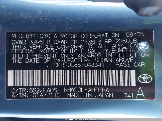 46360034 :رقم المزاد ، JTDKB20U857043341 vin ، 2005 Toyota Prius مزاد بيع