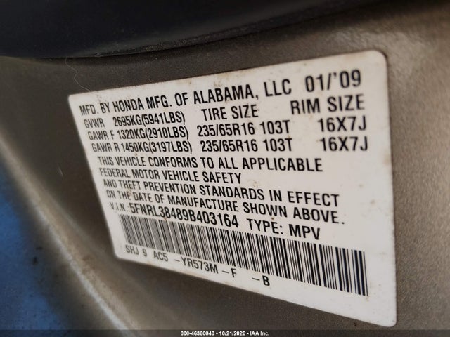 Продаж на аукціоні авто 2009 Honda Odyssey Ex, vin: 5FNRL38489B403164, номер лоту: 46360040