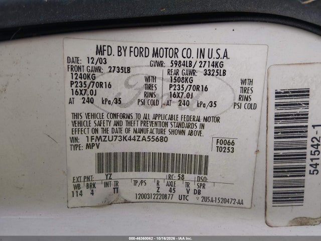 Aukcja sprzedaży 2004 Ford Explorer Nbx/xlt, vin: 1FMZU73K44ZA55680, numer aukcji: 46360062