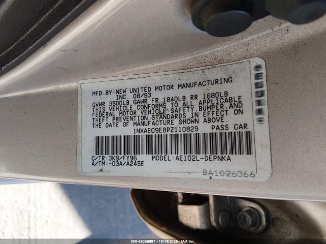 Aukcja sprzedaży 1993 Toyota Corolla Le/dx, vin: 1NXAE09E8PZ110829, numer aukcji: 46360087