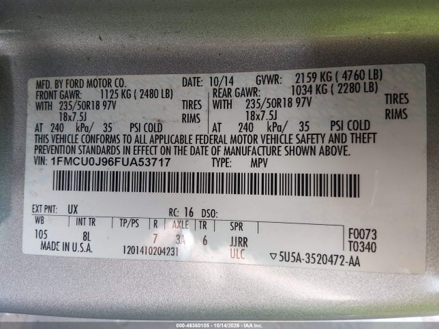 Aukcja sprzedaży 2015 Ford Escape Titanium, vin: 1FMCU0J96FUA53717, numer aukcji: 46360105