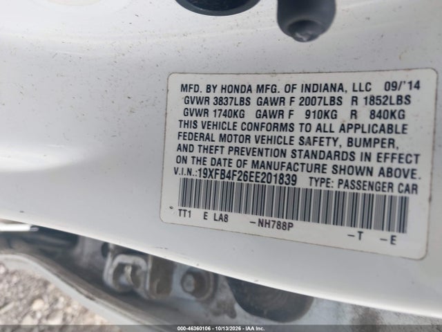 2014 Honda Civic Hybrid მანქანა იყიდება აუქციონზე, vin: 19XFB4F26EE201839, აუქციონის ნომერი: 46360106
