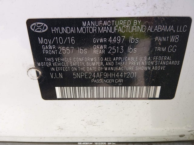 Продаж на аукціоні авто 2017 Hyundai Sonata, vin: 5NPE24AF9HH441201, номер лоту: 46360144