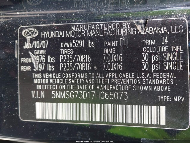 Продаж на аукціоні авто 2007 Hyundai Santa Fe Gls, vin: 5NMSG73D17H065073, номер лоту: 46360183