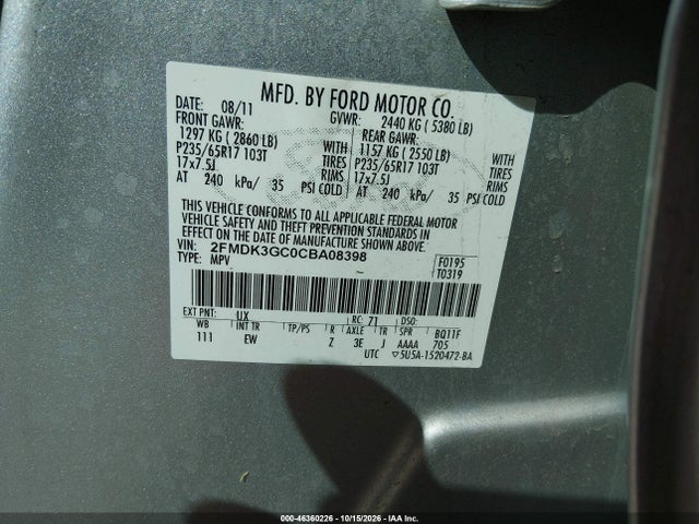 46360226 :رقم المزاد ، 2FMDK3GC0CBA08398 vin ، 2012 Ford Edge Se مزاد بيع