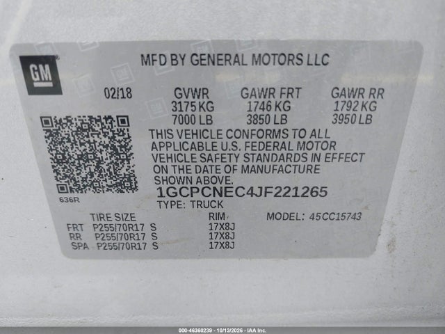 Aukcja sprzedaży 2018 Chevrolet Silverado 1500 Wt, vin: 1GCPCNEC4JF221265, numer aukcji: 46360239