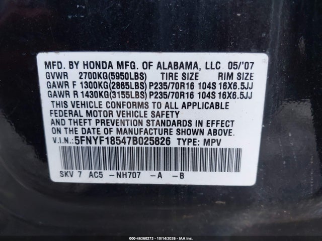 Продажа на аукционе авто 2007 Honda Pilot Ex-l, vin: 5FNYF18547B025826, номер лота: 46360273