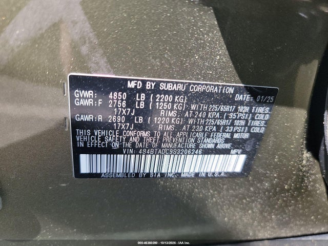 2025 Subaru Outback Premium მანქანა იყიდება აუქციონზე, vin: 4S4BTADC9S3206246, აუქციონის ნომერი: 46360280