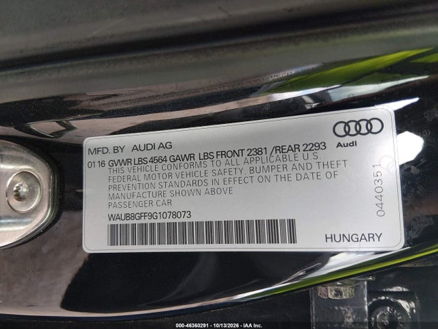 46360291 :رقم المزاد ، WAUB8GFF9G1078073 vin ، 2016 Audi A3 2.0t Premium مزاد بيع