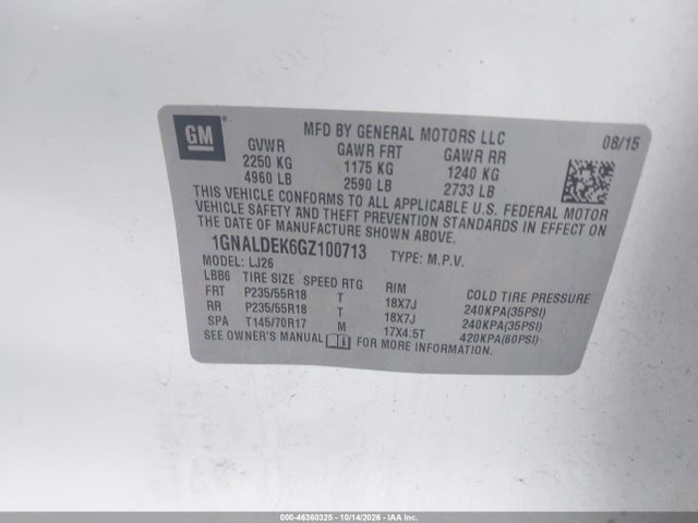 46360325 :رقم المزاد ، 1GNALDEK6GZ100713 vin ، 2016 Chevrolet Equinox Ltz مزاد بيع