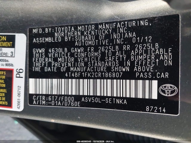 Aukcja sprzedaży 2012 Toyota Camry Le, vin: 4T4BF1FK2CR186807, numer aukcji: 46360345