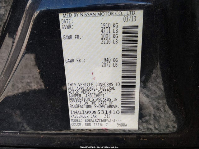 Продажа на аукционе авто 2013 Nissan Altima 2.5 S, vin: 1N4AL3APXDN531410, номер лота: 46360365