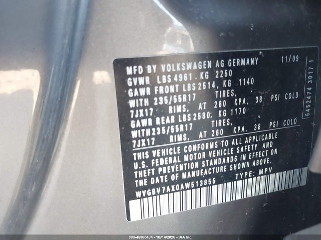 Aukcja sprzedaży 2010 Volkswagen Tiguan Wolfsburg Edition, vin: WVGBV7AX0AW513855, numer aukcji: 46360404