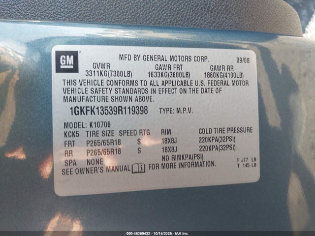 2009 Gmc Yukon Hybrid მანქანა იყიდება აუქციონზე, vin: 1GKFK13539R119398, აუქციონის ნომერი: 46360432